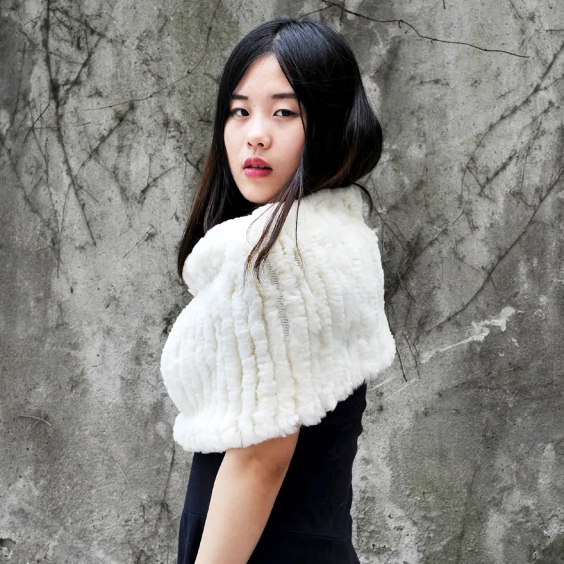 CX-B-44D Wholesale Price Rex Rabbit fur Knitted Scarf Girls Winter Fur Tank Shawl | Wraps