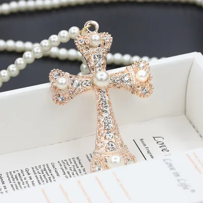 Punk крест хрустального Цепочки и ожерелья Готический долго жемчуг подвеска