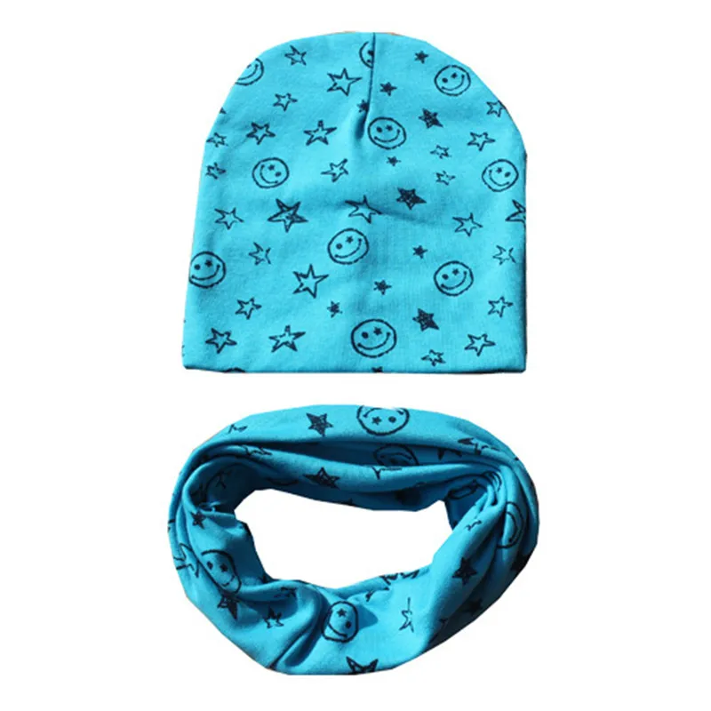 star smile sky blue Хлопковая детская шапка, шарф, шапка для девочек, шапки для мальчиков, детский шарф-кольцо для малышей от 0 до 3 лет, осенне-зимняя вязаная шапка для детей, комплект, детская шапка - Цвет: star smile sky blue