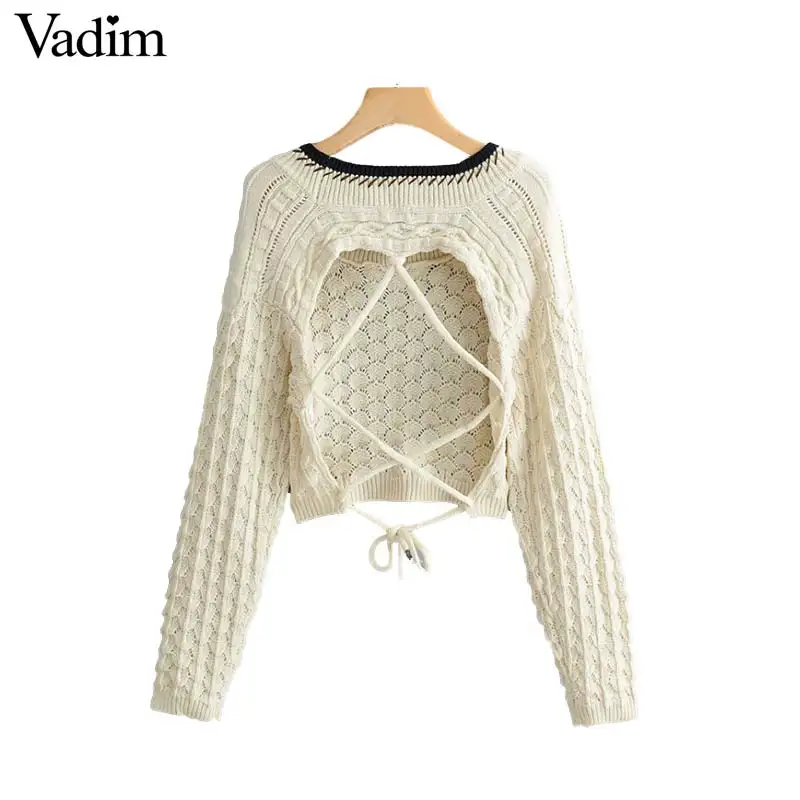 Vadim милый Женский вязаный короткие свитера с поясом открытой спиной длинными