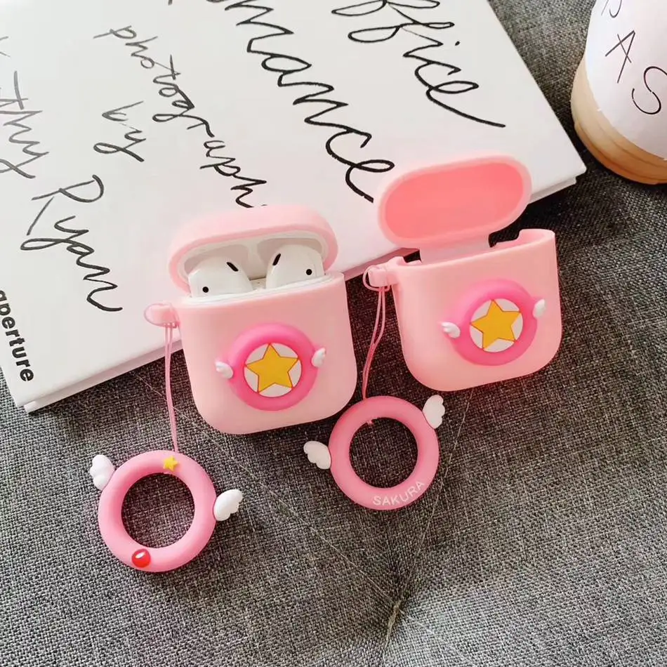 Чехол для AirPods Sakura, Розовая звезда, Крыло ангела, чехол для наушников для Apple Airpods 2, Защитная крышка с кольцом на палец