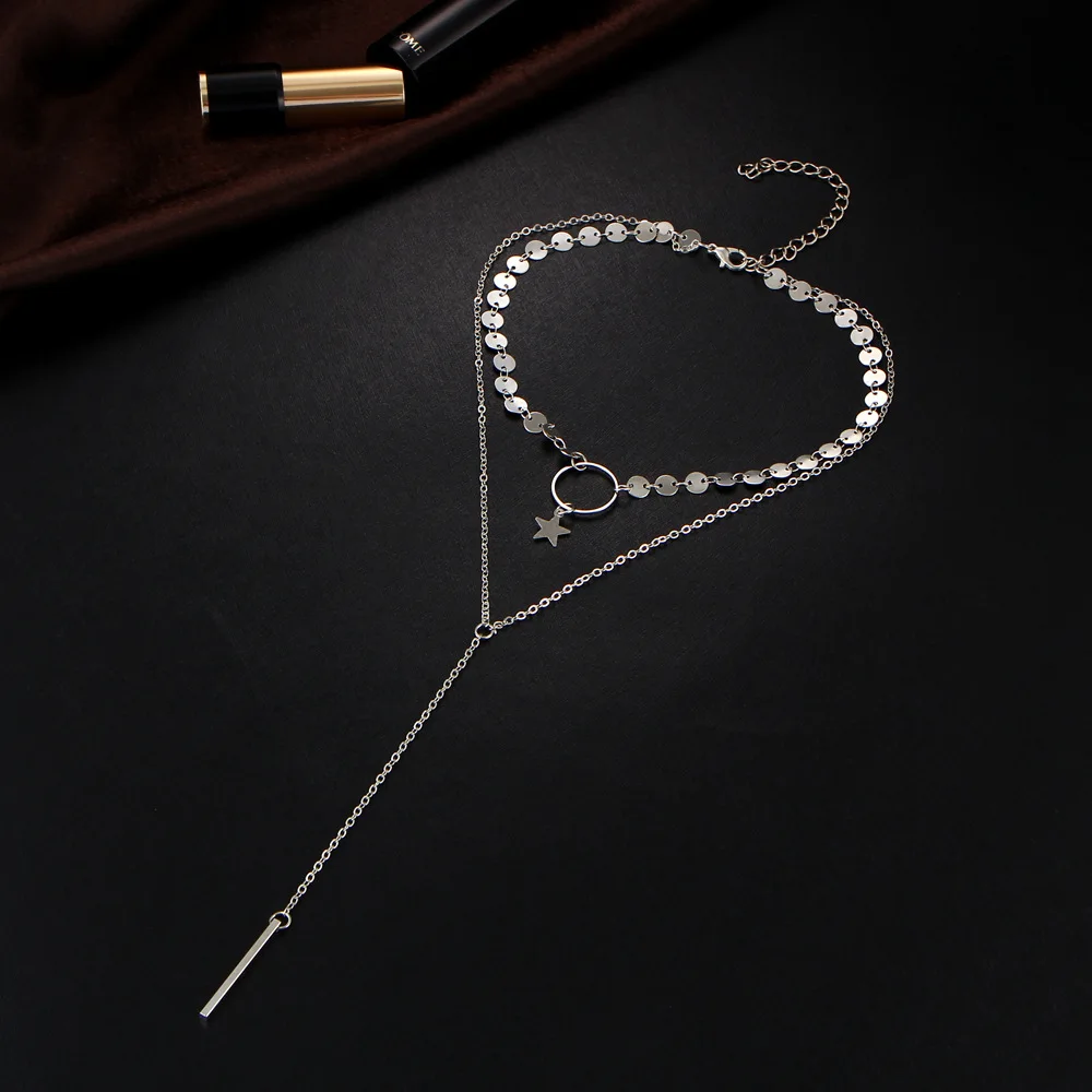 L&ampH 2018 Hot Sales Charm Gold Sliver Color Geometric Double Chain Pendant Necklace For Women Fashion Femmes Chockers Jewelry | Украшения