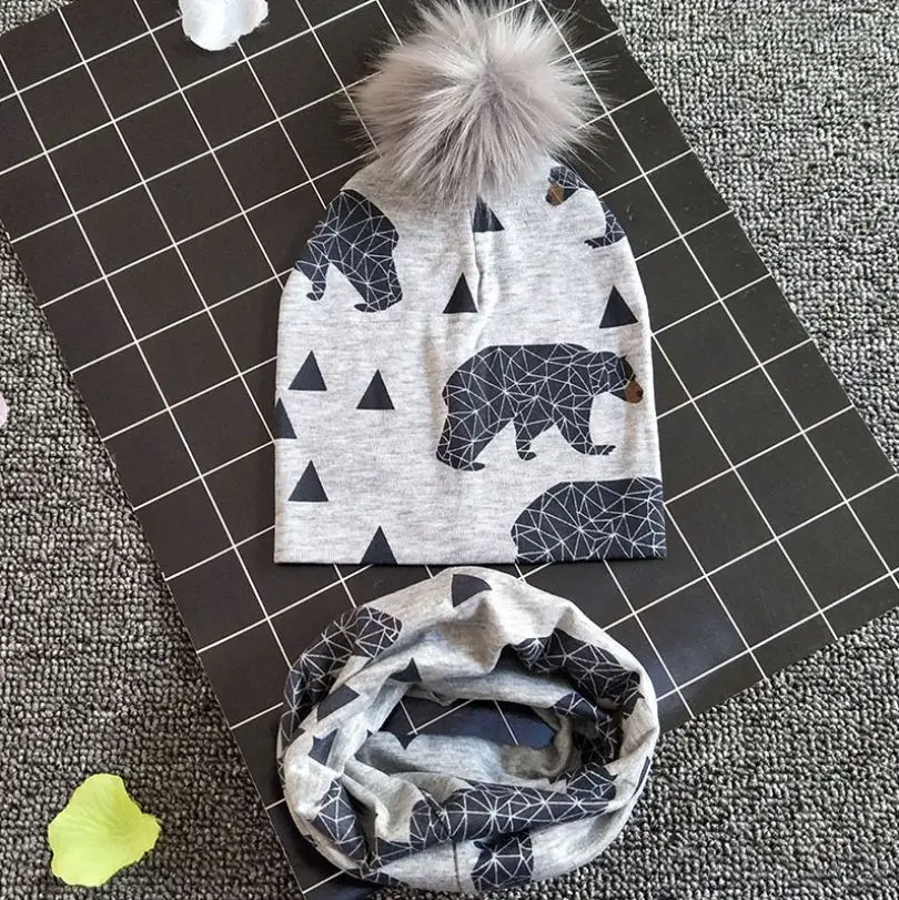 Polar bear Шапка с помпонами для новорожденных мальчиков и девочек, зимняя теплая вязаная шапочка с помпоном, шарф, комплект, зима-осень, кактус, Акула, Орел, белый медведь, лиса - Цвет: Polar bear