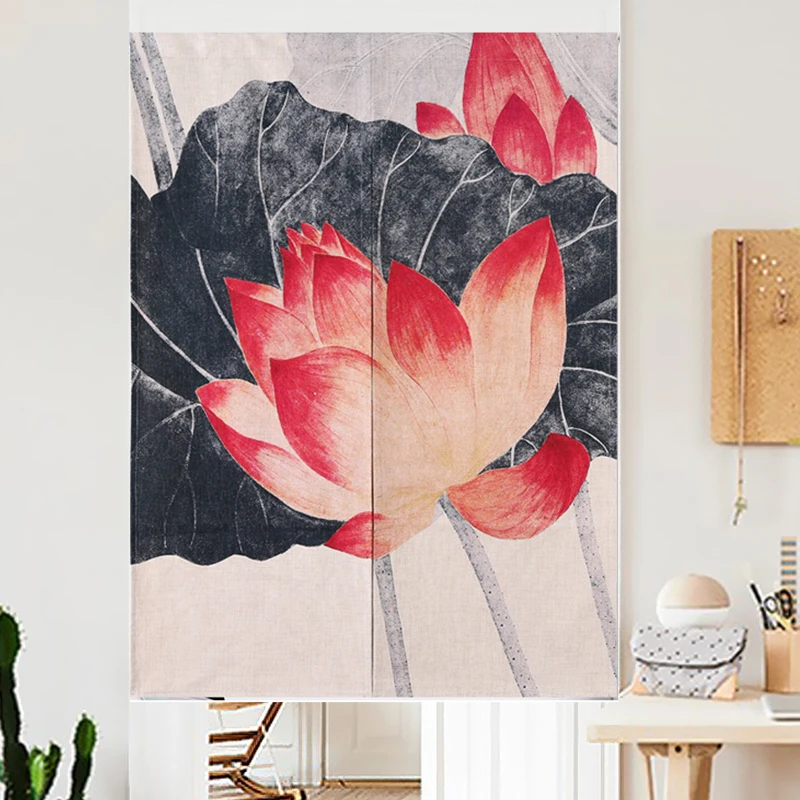 Винтажные льняные шторы в восточном стиле с изображением лотоса кухонные