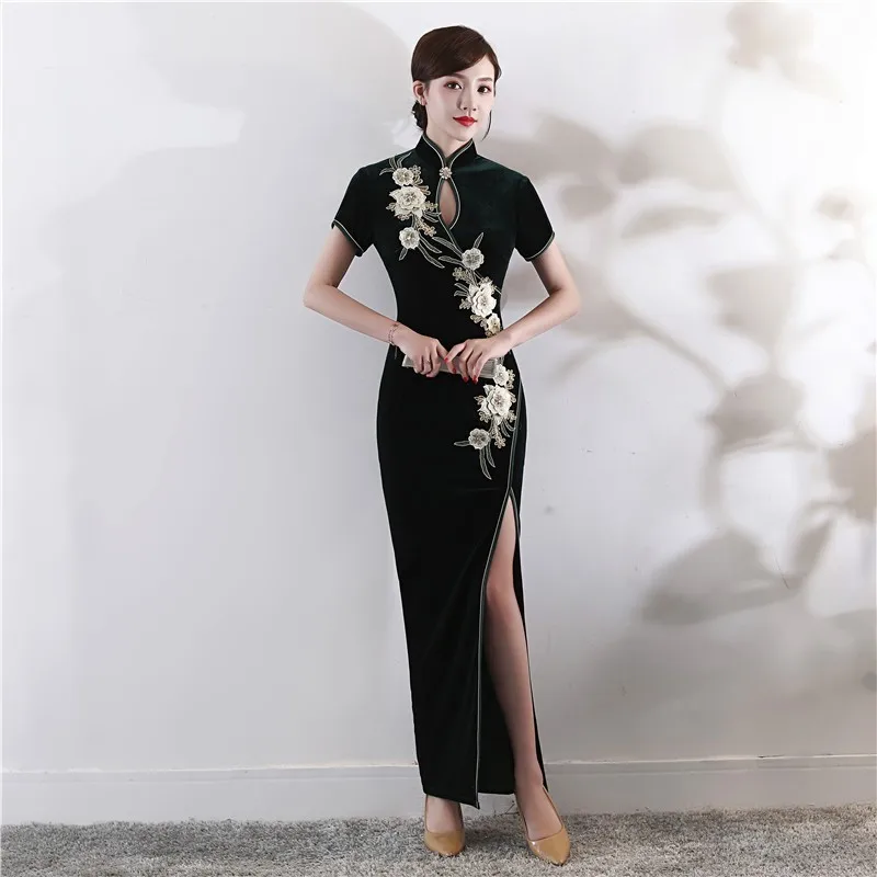 Китайское бархатное платье Чонсам Qipao эластичное длинное Восточное винтажное темно-синее велюровое платье с цветочной вышивкой стрейч на заказ XXXL