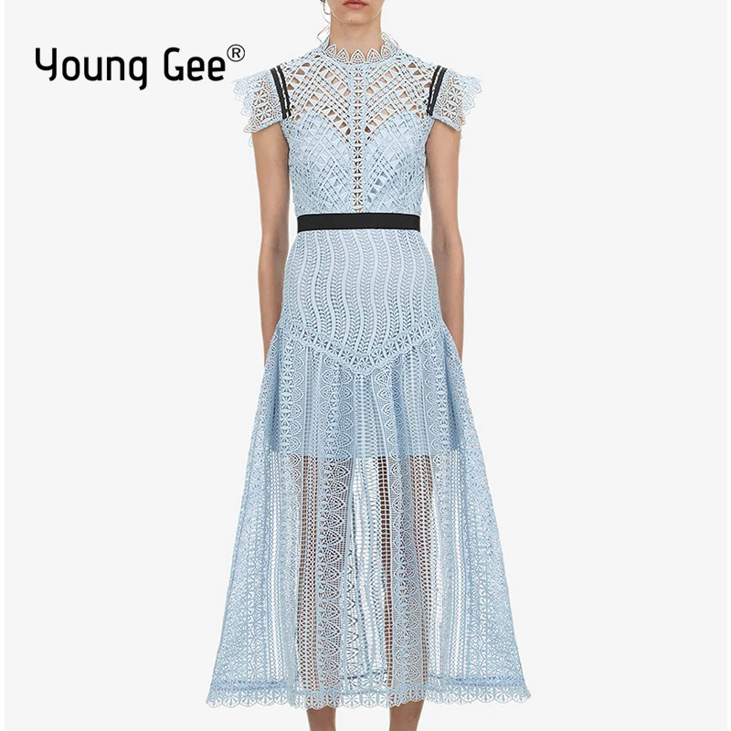 

Young Gee Fashion Designer Runway Dresses Summer Women Blue Abstract Triangle Lace Midi Party Elegant Mid-Calf Dress robe femme