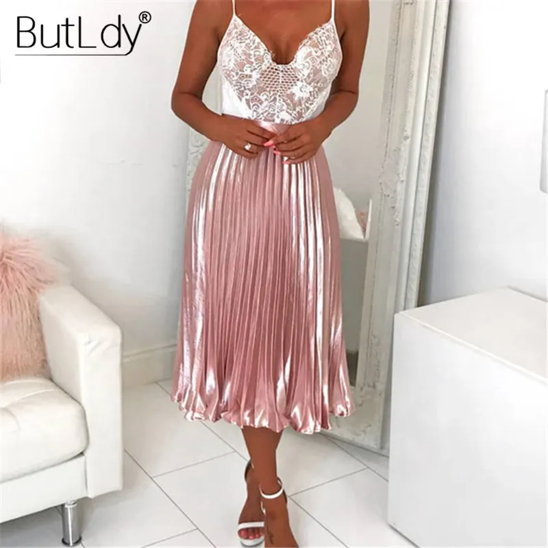 Женская плиссированная юбка с завышенной талией повседневная розовая