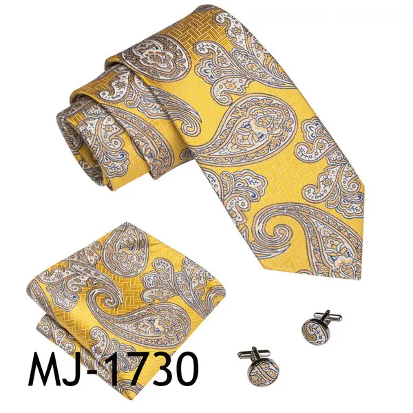 MJ-1730 Новые желтые наборы галстуков BarryWang дизайн для мужчин Полосатый& горошек& Пейсли Галстук Hanky запонки наборы Бизнес Свадьба шеи галстуки - Цвет: MJ-1730
