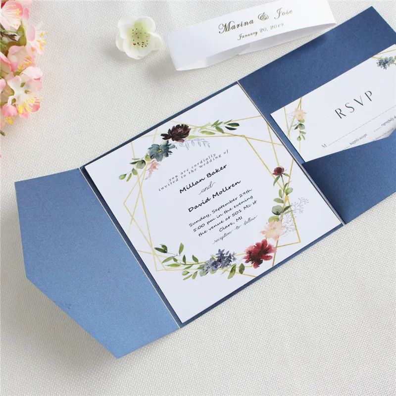 Синие Свадебные Открытки приглашение брак с конверт RSVP живота группа заказной