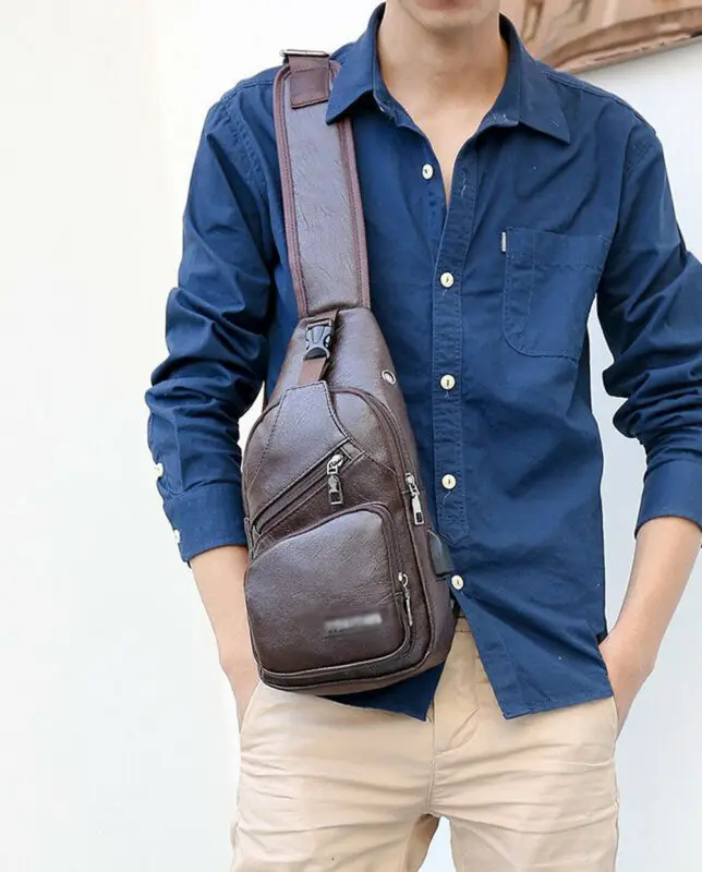 

NEW Men's PU Shoulder Bag Sling Chest Pack USB Charging Sports Outdoor Travel Fashion Crossbody Handbag