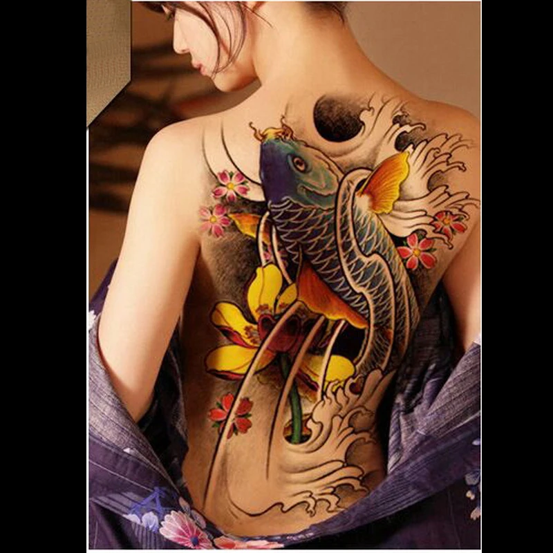 Татуировка на всю спинку цветная водостойкая временная тату-наклейка Koi lotus carp