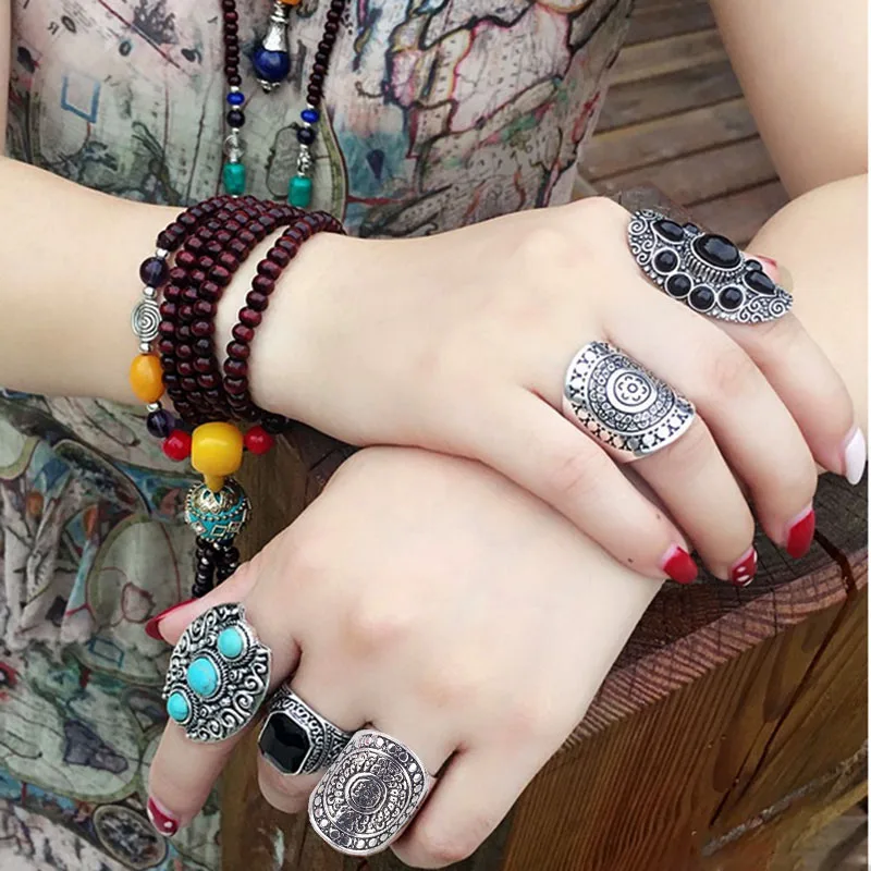 Европа богемное имитация тибетского серебра палец кольцо ширина цветок внешней