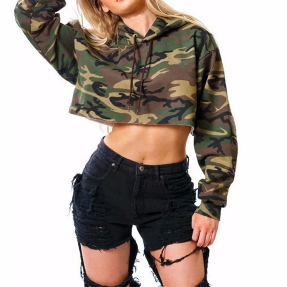 2017 Fashion Women Crop Tops Long Sleeve Hooded Camouflage Printing Casual Short Pullover Sweatshirts Sudaderas Mujer | Женская одежда