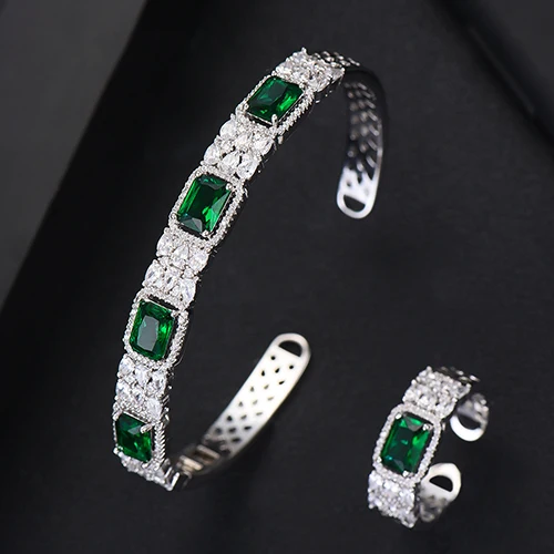 Green GODKI, роскошный цветок, Саудовская Аравия, браслет, серебряное кольцо, набор ювелирных изделий для женщин, свадебные, Обручальные, brincos para as mulheres - Окраска металла: Green