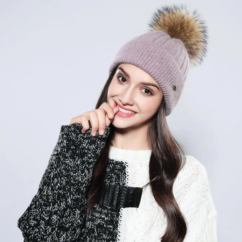 Шапки с помпоном 2019 шапочки hat новые зимние для женщин натуральный мех шерсть