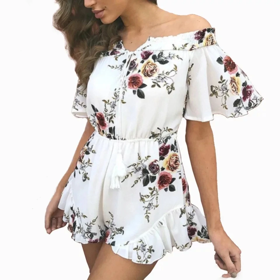 Модные Цветочный принт комбинезон Для женщин Off Shoulder Playsuit завернутый без
