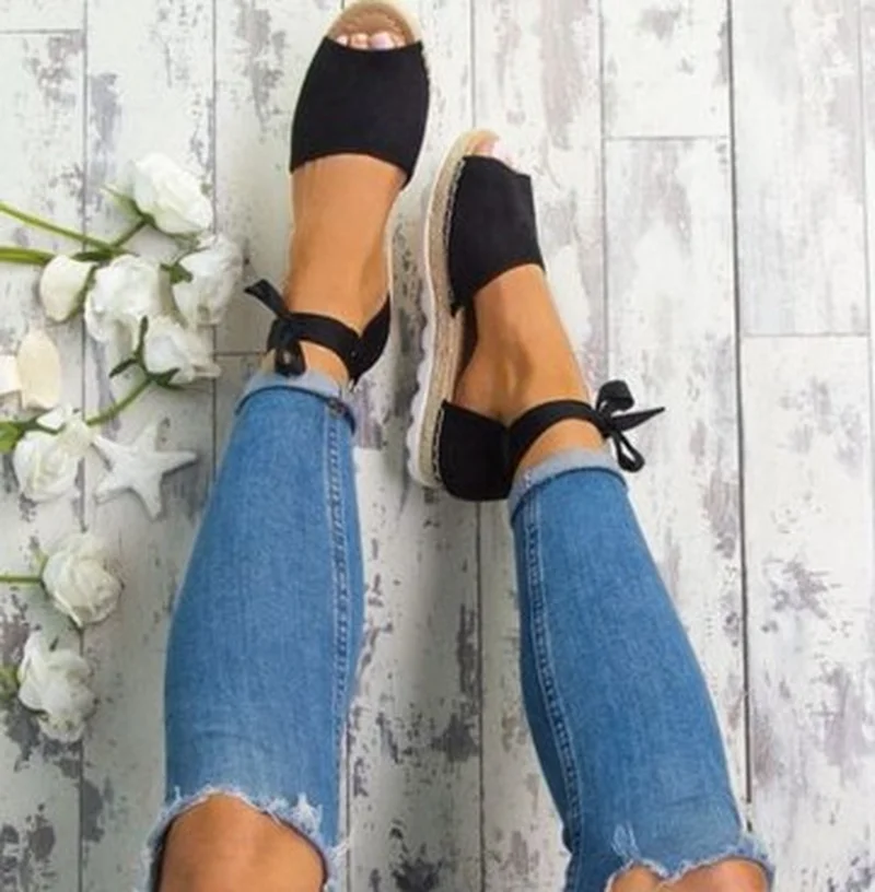 Качественные летние Черные Замшевые эспадрильи на танкетке сандалии-гладиаторы