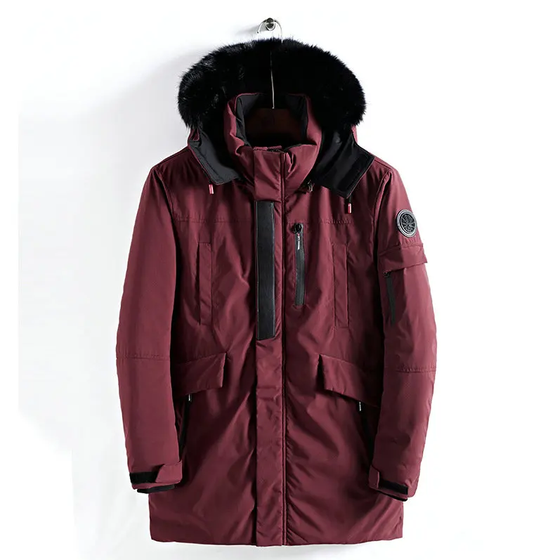 Wine Red Новые зимние повседневные длинные стильные меховые куртки с капюшоном на хлопковой подкладке Мужская Толстая шляпа ветрозащитная модная мужская парка карманы пальто - Цвет: Wine Red