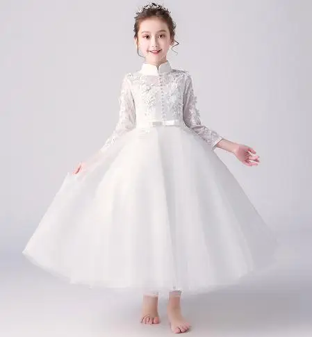 Fashion brand Handmade Lace Flower wedding Girls Dress With white Headband Long Sleeve Kids Pageant dress 4-12Y | Детская одежда и