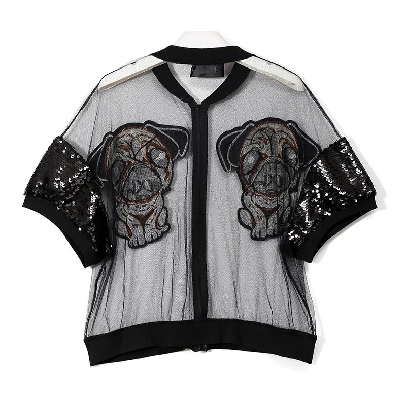 2018 European Women Summer Black Mesh Blouse Half Sleeve With Sequin Zipper Dogs Patch Girls Stylish Shirt Cool Street Wear 3396 |