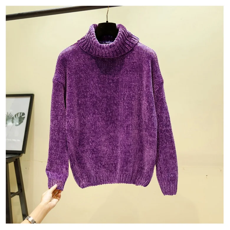 purple Шикарные винтажные кашемировые женские свитера из синели с длинным рукавом и золотым бархатом, Зимние Женские однотонные свитера с высоким воротом, свободные женские джемперы - Цвет: purple