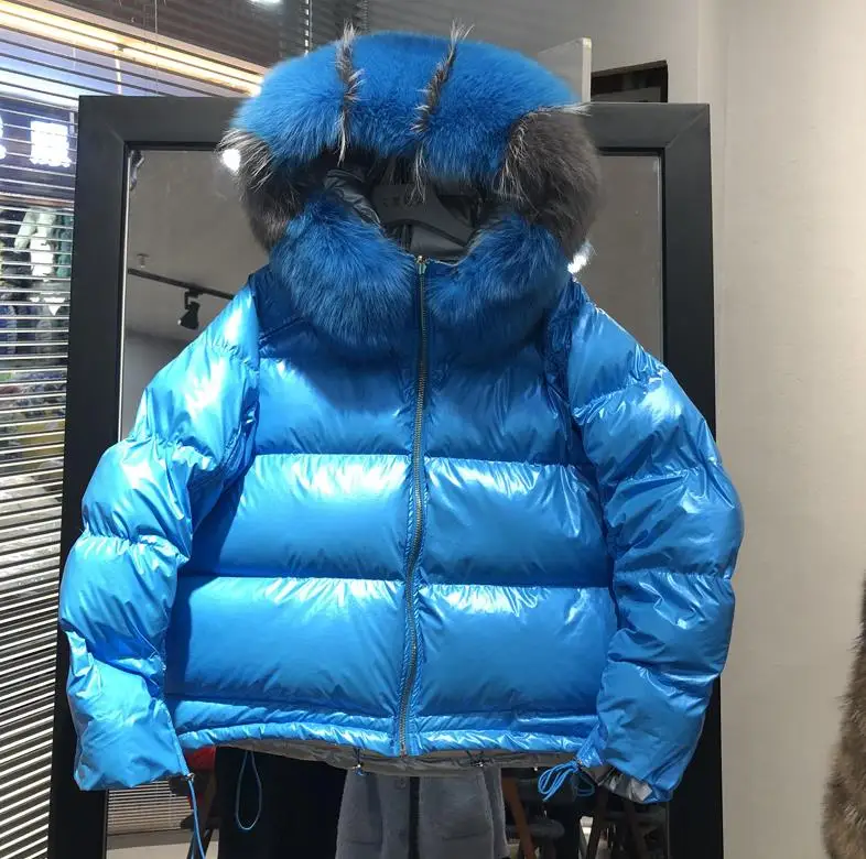 blue Зимнее пуховое пальто из блестящей ткани золотистого и серебряного цвета с большим воротником из натурального Лисьего меха, с капюшоном, женская одежда с капюшоном, теплые пуховые парки wq631 - Цвет: blue