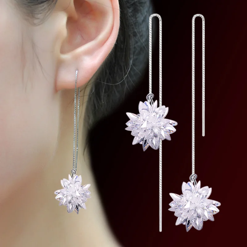 

925 sterling silver fashion shiny ice flower crystal ladies tassels drop earrings jewelry anti allergy drop shipping