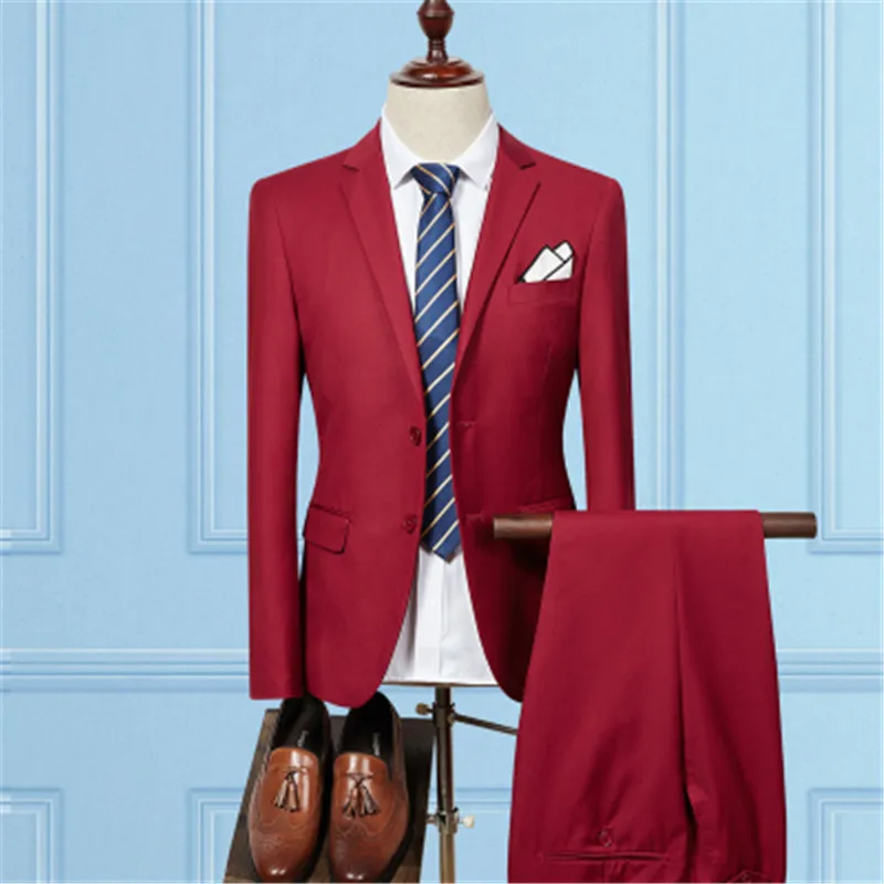 2 pieces sets wine Пиджак, брюки, жилет/ Модные мужские деловые костюмы, комплект из трех предметов/мужской свадебный костюм, блейзеры, пальто, брюки, жилет - Цвет: 2 pieces sets wine
