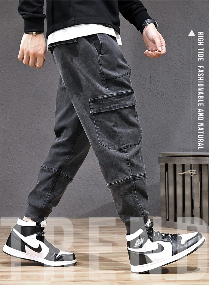 Модная уличная одежда, мужские джинсы, винтажные, черные, серые, свободные штаны для бега, hombre, большой карман, брюки-карго, свободные, в стиле хип-хоп, мужские джинсы