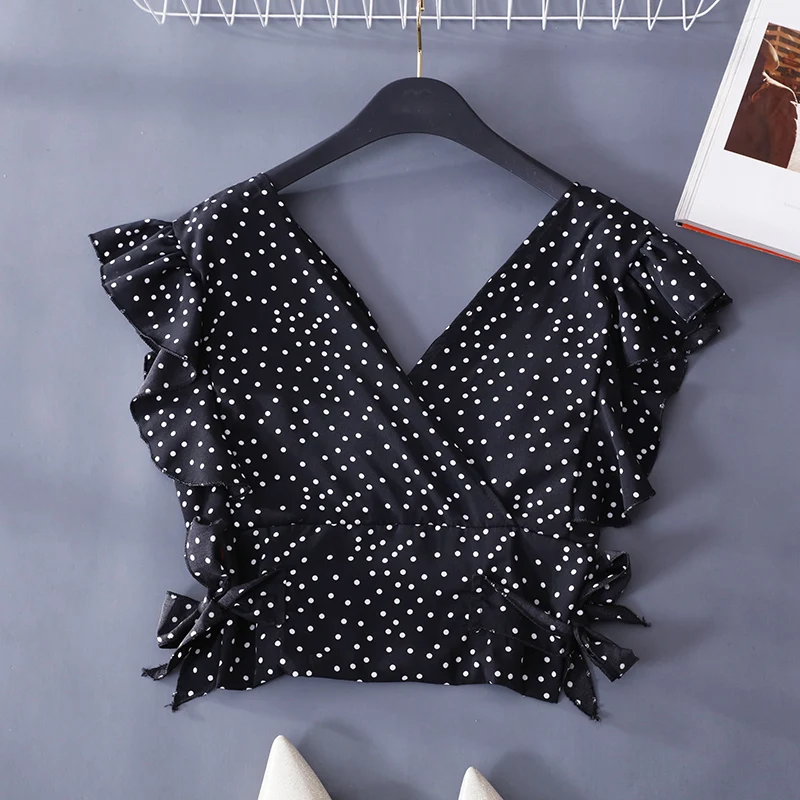 Блузка в горошек Женская повседневная шифоновая без рукавов с рукавом-воланом