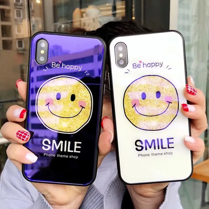 High Quality Blue-Ray Tempered Glass Phone Case For iPhone 8 7 6 6s Plus X XS Max XR Cute Cartoon Smile Face Clear Cover |