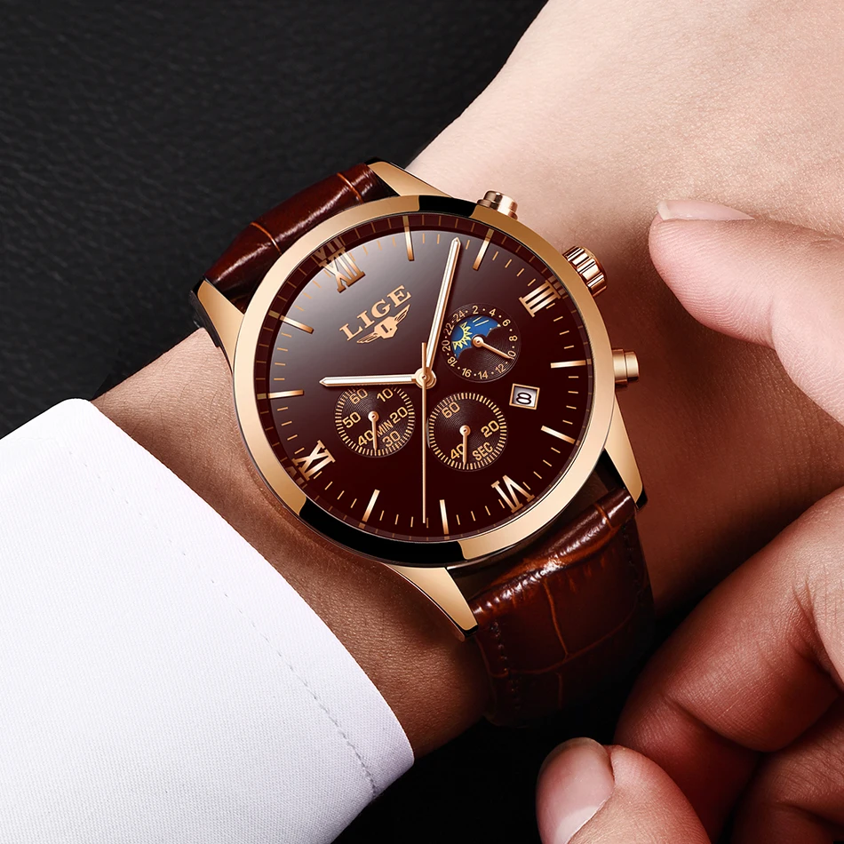 Reloj de hombre LIGE Men's Watches Men Business Fashion Leather Watch Moon phase Date Luminous Multi-function Sport Quartz Clock