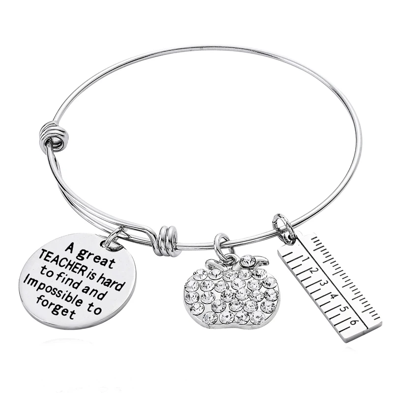 

12PC/Lot 'A Great Teacher Is Hard To Find' Crystal Apple Ruler Charm Bracelet Stainless Steel Cuff Bangle Gifts For Teacher