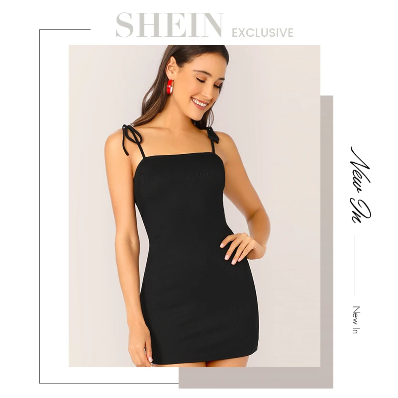 SHEIN, одноцветные, с узелком ремень в стиле, подходящем маминому платью, Летние черные узкие пикантные Однотонные эластичные Спагетти ремень облегающее платье без рукавов