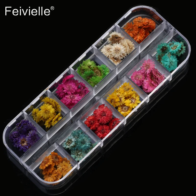 Feivielle, новинка, 12 цветов, настоящие 3D наклейки для сухих цветов, сушеные наклейки для дизайна ногтей, инструменты для маникюра, сделай сам, в коробке