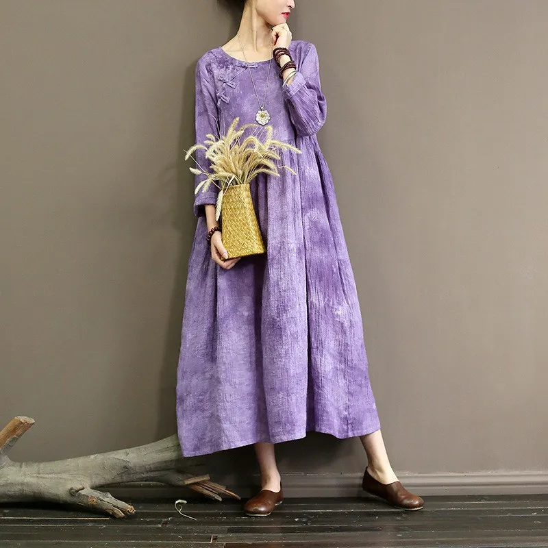 QPFJQD Women'S Retro National Wind Sand Wash Linen Dresses Autumn Spring Full Sleeve 3 Buttons O Neck Long Purple Maxi Dress | Женская