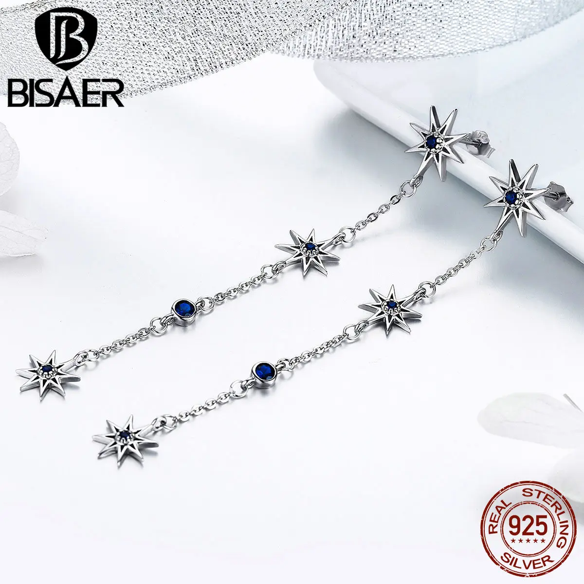 BISAER, 925 пробы, серебряные, светящиеся звезды, висячие, длинная цепочка, женские серьги, модные, Звездные Серьги, Женские Ювелирные изделия, Brincos EFE060