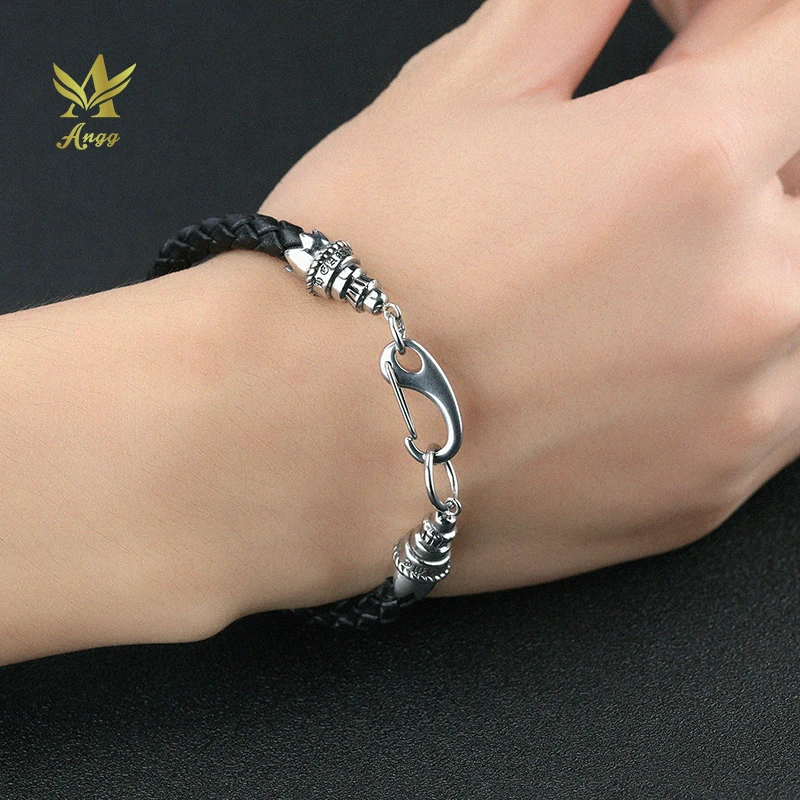 Angg санскрит Кожа Личность Браслеты для Для мужчин Тибетский застежка