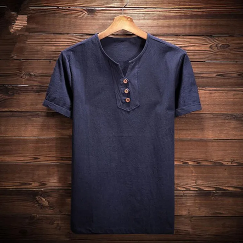 

Summer Men's Shirt Linen Cotton Man Clothing Solid Flax Men's Shirt 4XL Slim Collarless Short Shirts 5XL Asian size M-6XL 7XL
