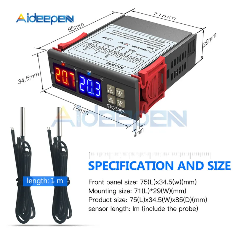 STC-3008 3018 3028 AC 110V 220V DC 12V 24V 10A Двойной Цифровой температурный контроллер гигрометр Отопление охлаждение два релейных выхода