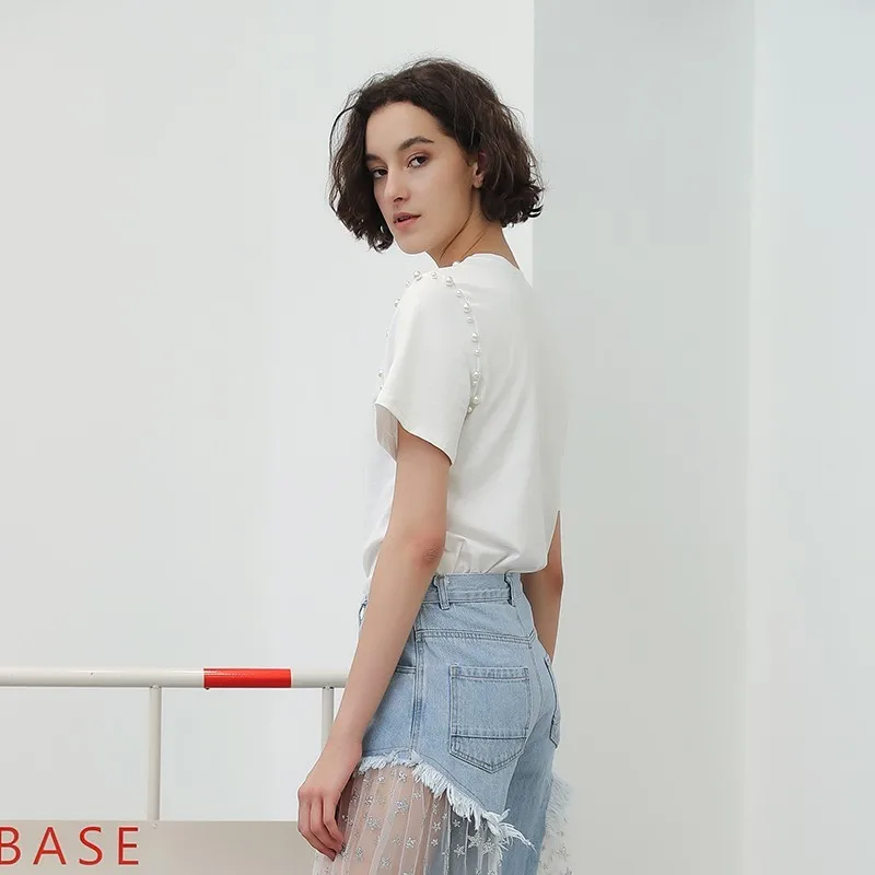 TWOTWINSTYLE Pearl Beading T Shirts For Women Short Sleeve Big Size Tops Female Shirt 2020 Summer Fashion Casual Clothing New | Женская