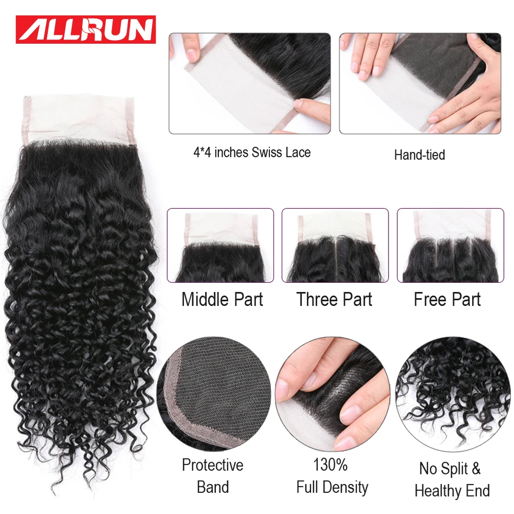 Allrun Kinky Curly кружева закрытия человеческих волос бесплатно/средний/три части 4x4