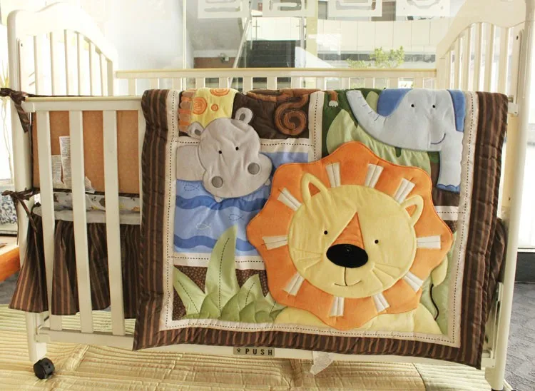 7 Pieces Embroidered Africa lion Pattern boy Cot Crib Baby Bedding Set Quilt Bumper Bed Skirt Mattress Cover |