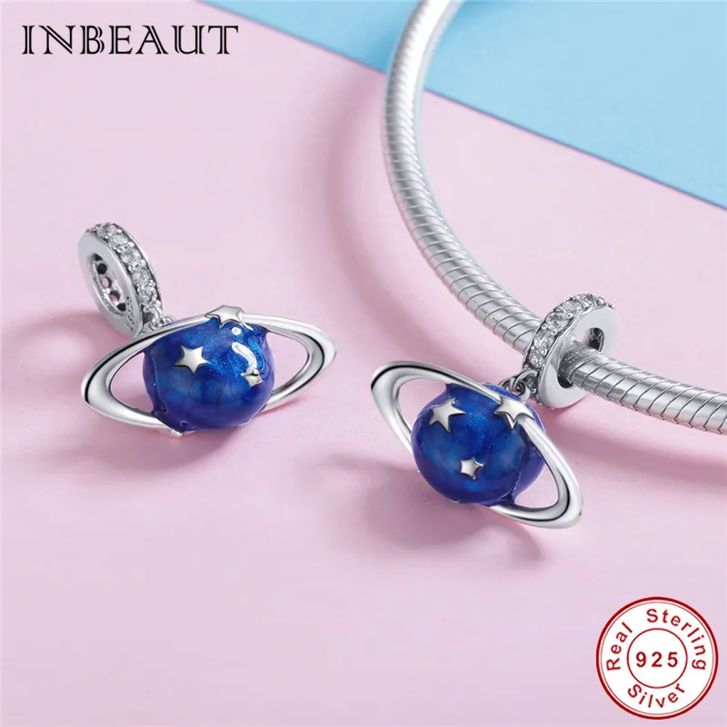 INBEAUT корейское модное ожерелье с подвеской 925 пробы Серебряная глазурь Луна Звезда бусы синяя Эмаль Подвеска «Земля» fit Pandora браслет