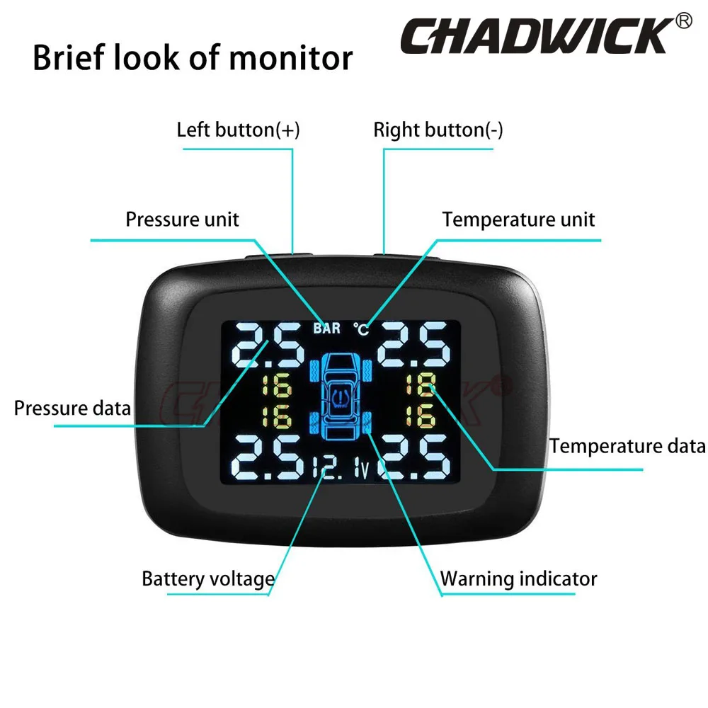 TP620 беспроводной умный автомобиль TPMS 12 В цифровая система контроля давления в шинах Автосигнализация внутренний датчик CHADWICK