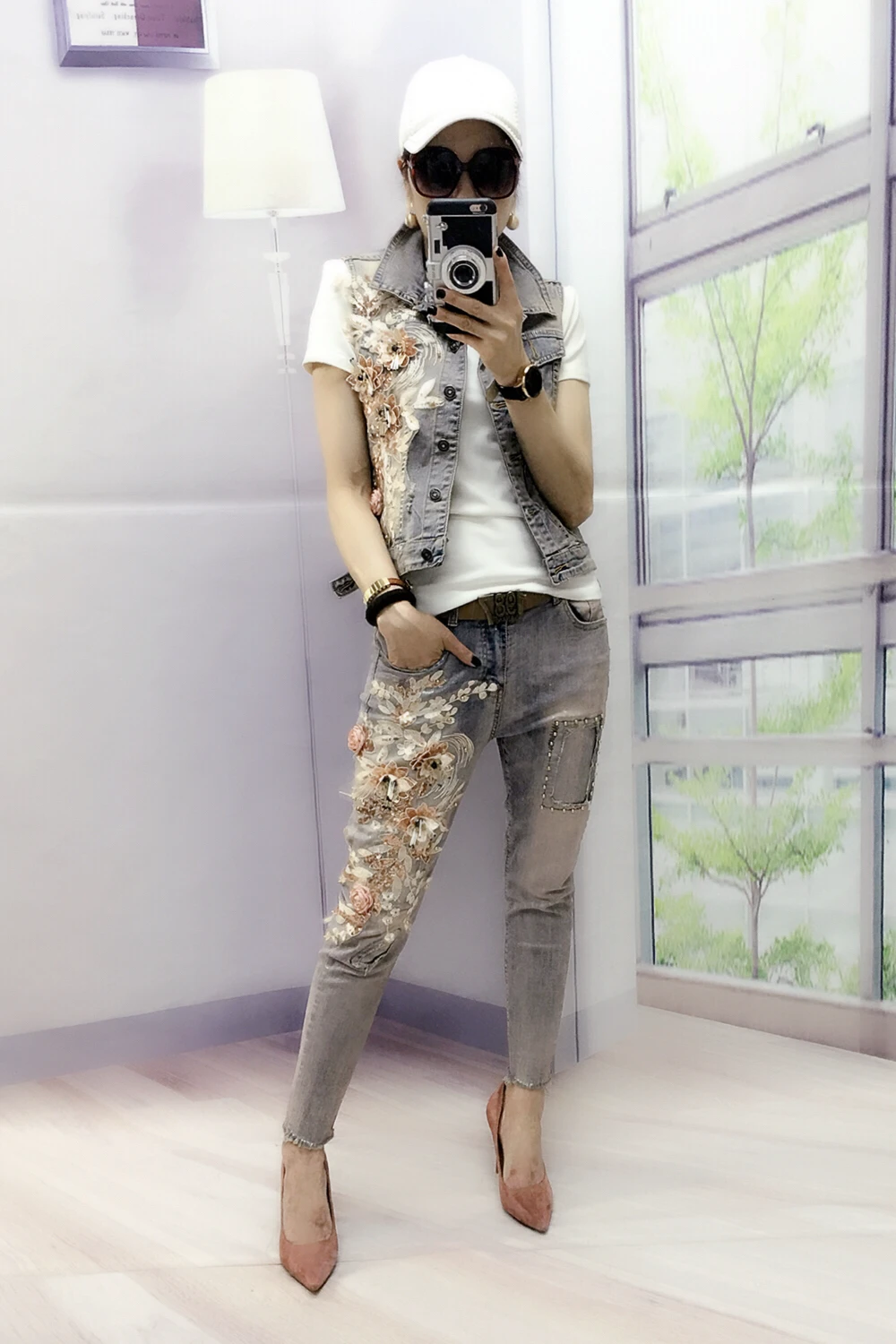 Flower Cowboy Vest+ Stretch Pants Casual Suits Women's Denim Jacket+Denim Pants Set Female Two Piece Jeans Set For Women