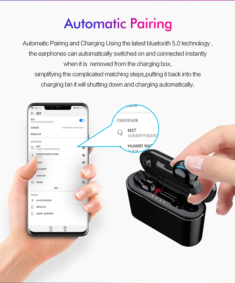 Bluetooth гарнитура, беспроводные наушники, HIFI Звук V5.0, наушники, стерео наушники с микрофоном, зарядная коробка, внешний аккумулятор для смартфона