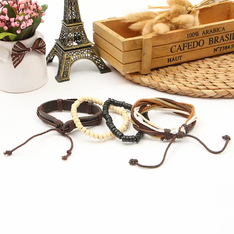 Модные 4 шт набор мужские браслеты и Многослойный кожаный браслет мужской ретро