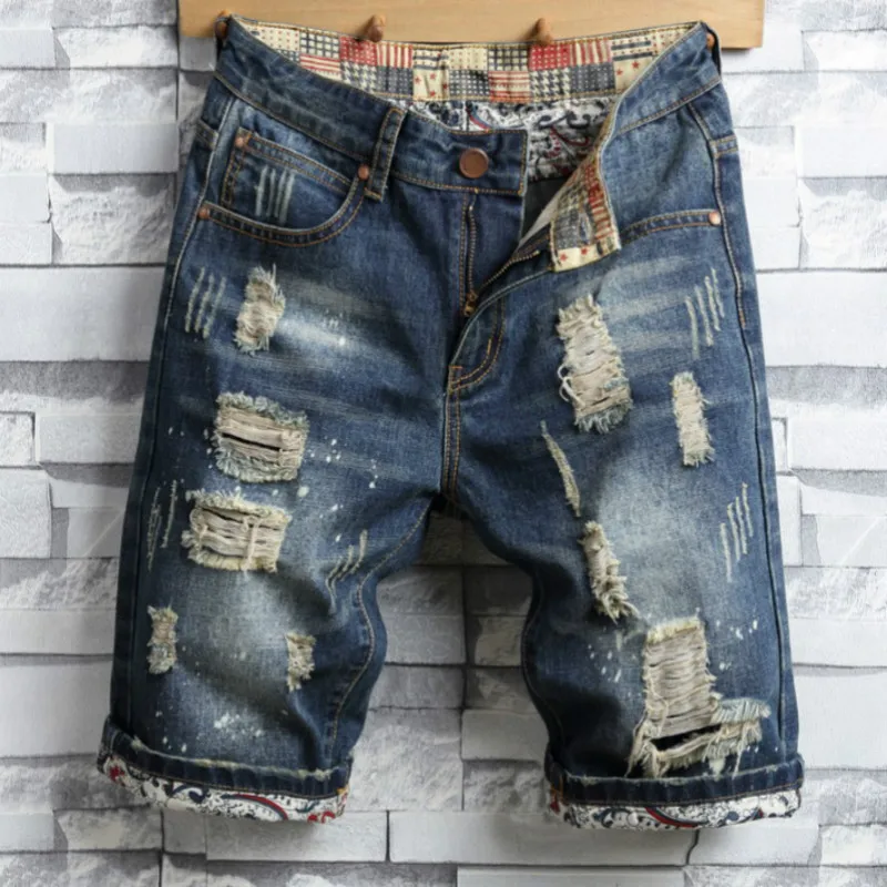 Мужские джинсовые шорты в полоску рваные прямые повседневные брюки с дырками стиле хип хоп зауженные из