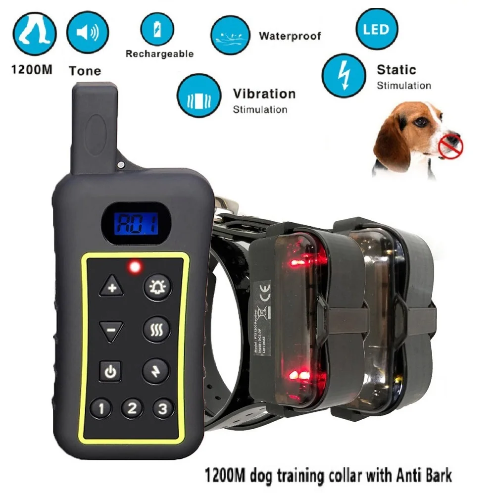 

Dog Training Collar 1200 Yards Medium Large Rechargeable Waterproof Electronic Training System Support 3 Dogs shock bark stop